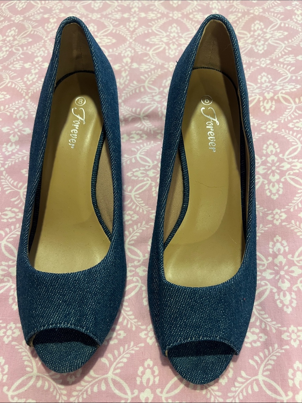 Forever Denim Blue Peep-Toe Pumps for Women